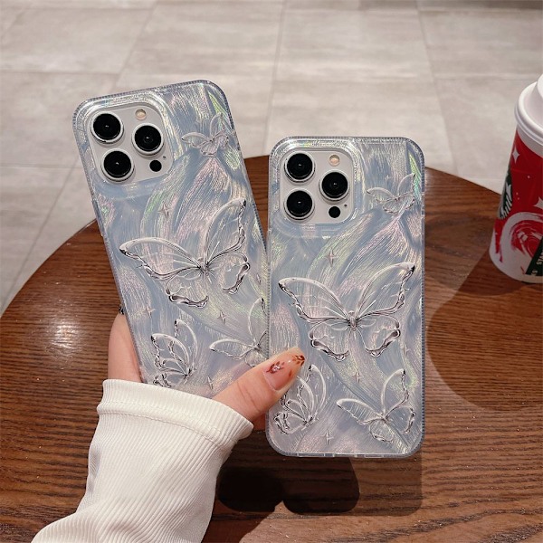 Skal för iPhone 13 & iPhone 14, glänsande fjärilsdesign, trendigt sött mjukt slimmat stöttåligt TPU skyddande mobilskal för kvinnor flickor, estetiskt