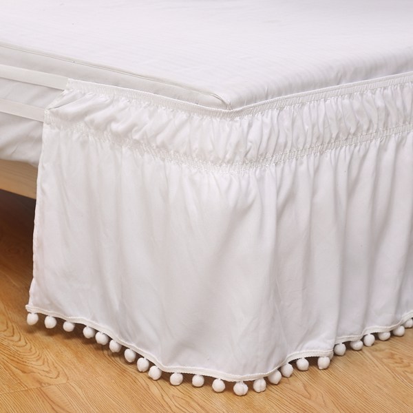 (Valkoinen, 153 x 203 cm+40 cm) Tyylikäs Comfort joustava sänkyhame, jossa hapsut ja tupsut päällä - Wrinkle Re