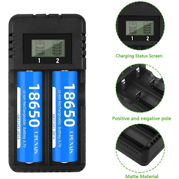 18650 Universell Batteriladdare Intelligent Snabbladdning 2-Slot Huvud med LCD-display Kompatibel med