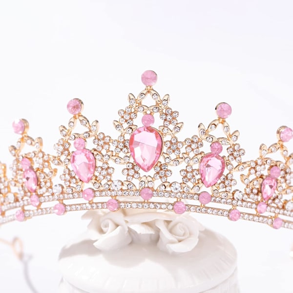 (Guld+Pink) Krystal Tiaraer til Kvinder, Bryllupstiaraer og Kroner til Kvinder Tiaraer til Piger Fødselsdagsfest Prinsessekrone
