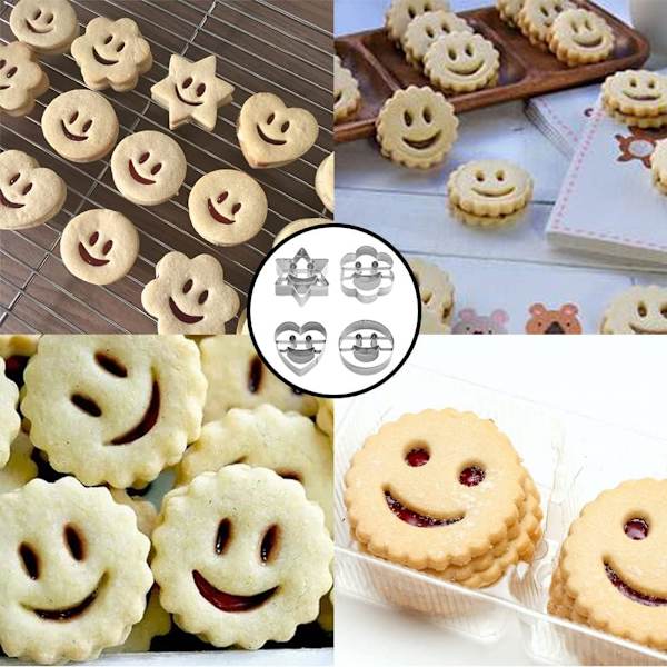 4 stk. kageform i rustfrit stål, smiley-kageform, metal kageform til fo