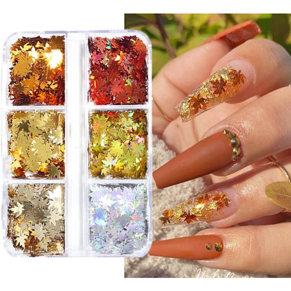 Lönnlöv Nagelglitter Sekvenser 3D Holografiska Höstlöv Nagelkonstflingor 6 Färger Laser Höstlöv Naglar Dekaler Stick