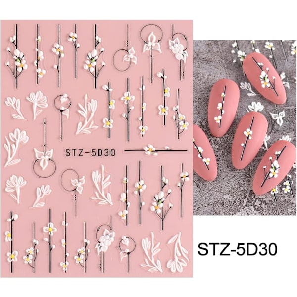 5D Vårutpregede Blomster Nail Art Klistremerker 4 Ark Ekte Selvklebende Klistremerker Blomsterdesign Negl De