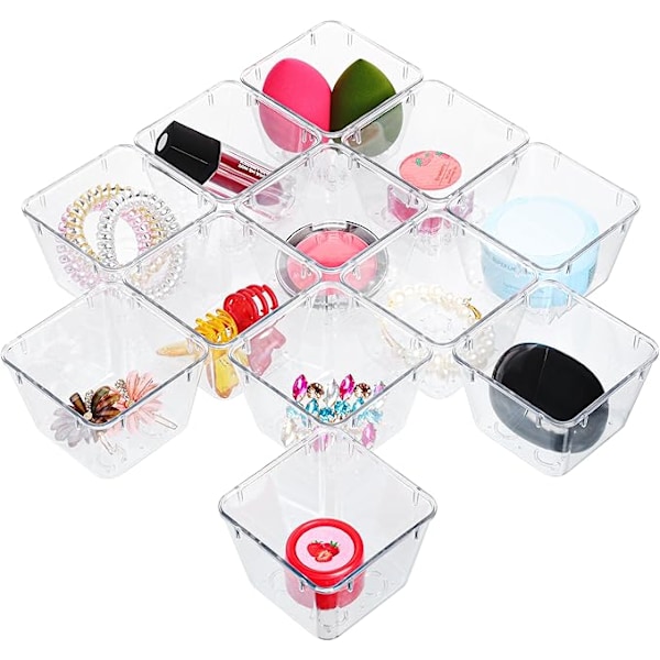 7,6×7,6×5,3cm Makeup Organizer - 12x Klar Plast Stakbar Skuffe Opbevaringsboks - Køkken Badeværelse Kontor Dressingbord