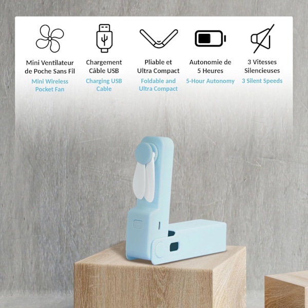 Mini Langaton Taskutuuletin Sininen (1 kpl) - Erittäin pienikokoinen kannettava henkilökohtainen tuuletin: Taitettava ja hiljainen - 3 nopeutta - USB ladattava: 5 tunnin akunkesto