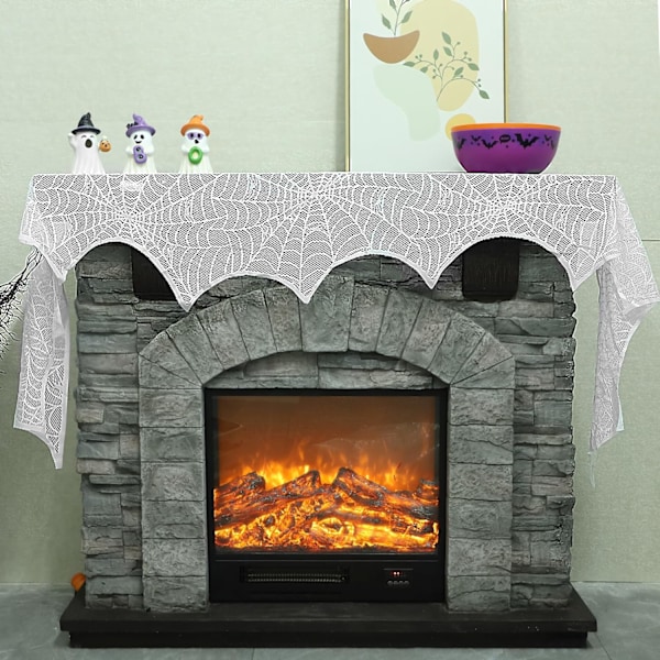 Halloween Dekoration, 244x46 cm Pejs Mantel Scarf Cover med Spindelmønstre, Spindelvæv Blonder Stof Klæde Cover til Dør