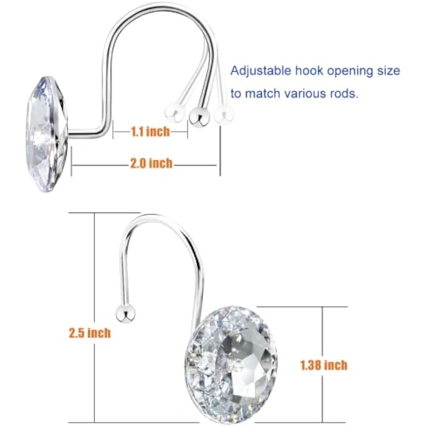 2,5 tommer 12 stk Dusjforhengkroker Ringer til Bad, Rustfritt Stål Rustbestandig Dekorative Rhinestones Henger for