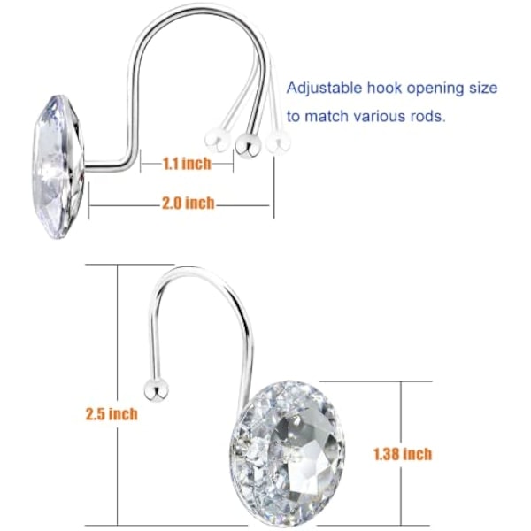 2,5 tuuman 12 kpl suihkuverhon renkaat kylpyhuoneeseen, ruostumaton teräs, ruostumattomat koristeelliset timanttiripustimet