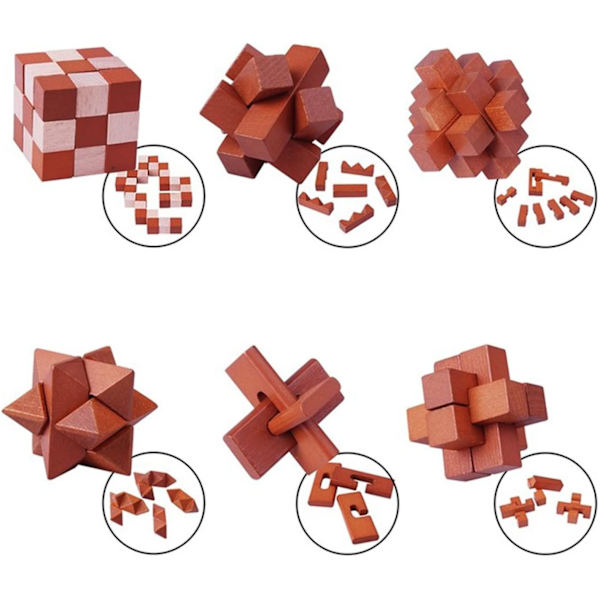 6 kappaletta puinen aivopähkinä, 4,5 cm aivopähkinäpelit, 3D IQ-palapeli Mini puinen aivopähkinä