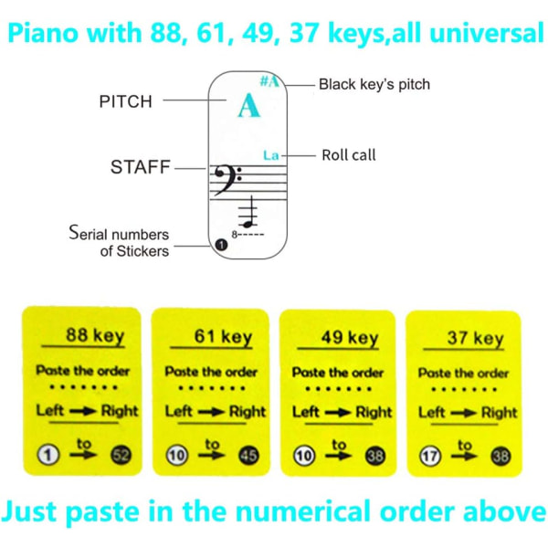 Pianoklistremerker, fargerike pianoklistremerker eller tastaturklistremerker for 88/61/49/37 tastaturer, gjennomsiktige og fjernbare