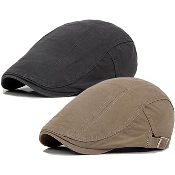 Pakke med 2 grå/khaki Newsboy-hatter for menn Flathette bomullsannonse