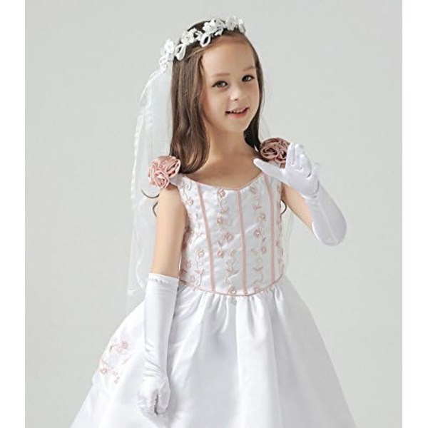 Pige-prinsesse Lange Satin Handsker med Perler til Første Hellige Kommunion, Halloween Kostume, Fødselsdagsfest Handsker til 6-10 år