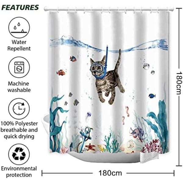 Söt Katt Dykning Duschdraperi 180x180cm Havs Djur Tryck Vattentät Badgardin Tvättad Polyester Badrumstillbehör