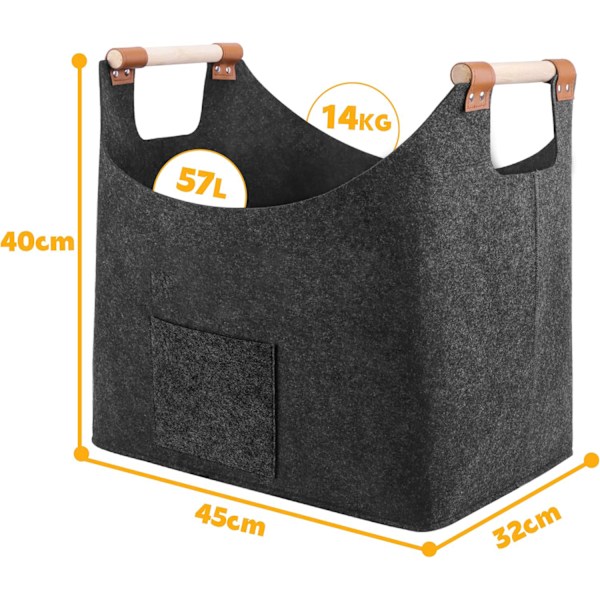 PCS Vedkurv XL Ekstra Tykk Filt & Forsterket Håndtak | Foldbar Vedkurv Filtpose som Handlekurv, Aviskurv eller F