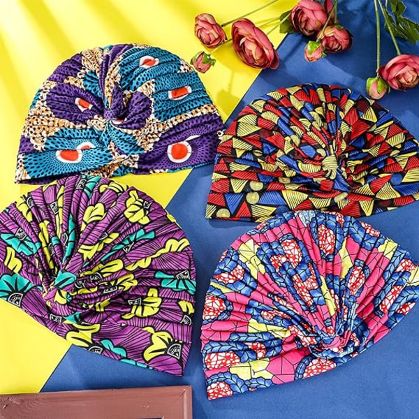 (Style Élégant) 4 Multicolore Casquettes Turbaner Africains Bonnet Plissé Turbans de Tête