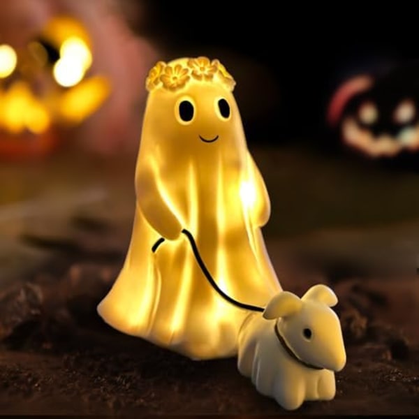 Varm Ljussatt Halloween Spöke Hund Staty Spöke med Hund Nattlampa Söt Spöke och Hund Festdekorationer för Halloween