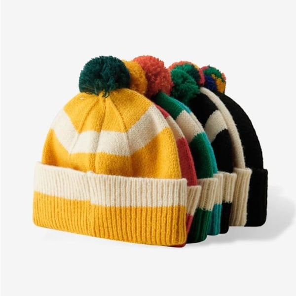 Unisex Söt Randig Beanie med Vikbar Kant och Pompom för Vinter