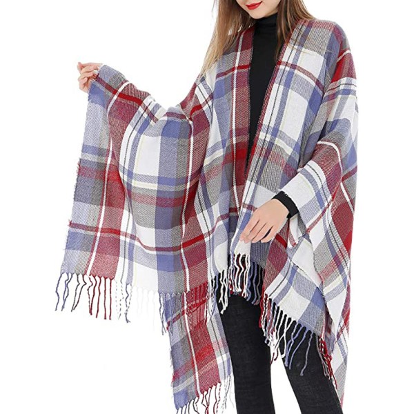 Dame Varm Sjal Wrap Åben Front Poncho Cape Farve Blok Sjal
