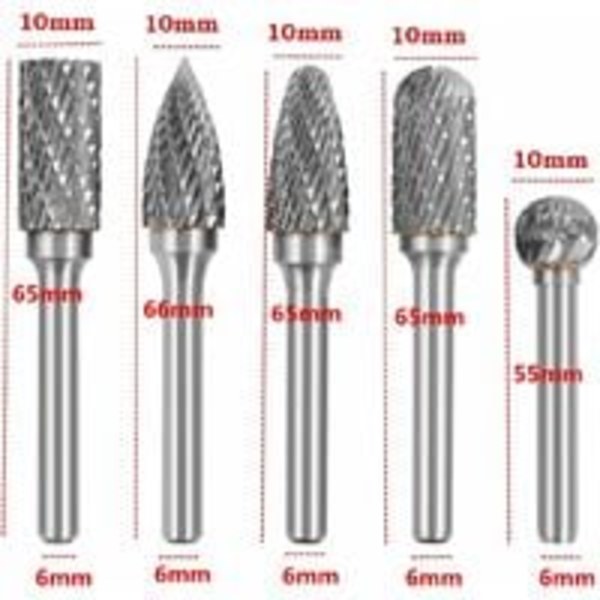 5 stk. 6 mm skaft 10 mm hoved wolframcarbid dobbeltsnit roterende burr