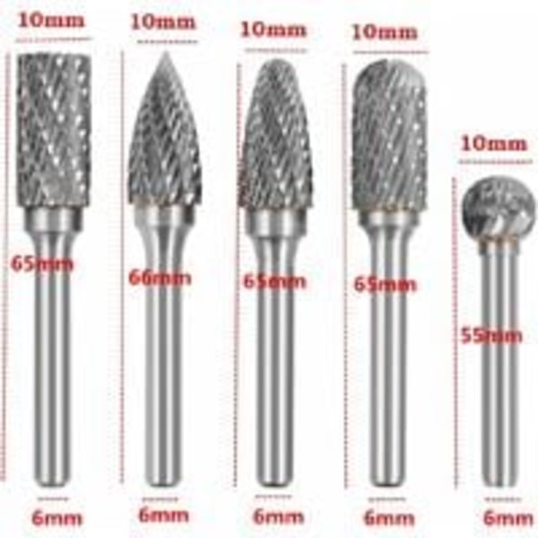 5PCS 6mm skaft 10mm huvud volframkarbid dubbelskuren roterande borr