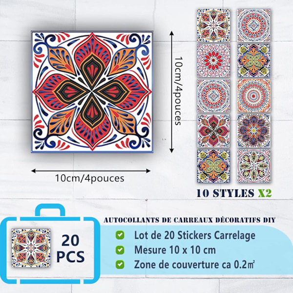 20 kpl 10x10cm Retro Laattatarrat Kylpyhuoneen Keittiön Seinälaattatarrat DIY Vedenpitävä Öljynkestävä PVC Itseliimautuva Koristelu Marokko Tyyli Punainen Böömiläinen S