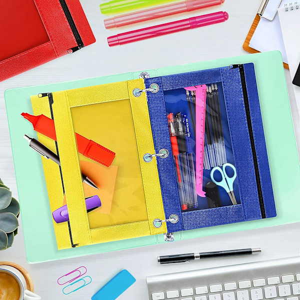 3 Ring Binder Blyant Etui, 6 Pakke 3 Hul Zipper Blyant Pung