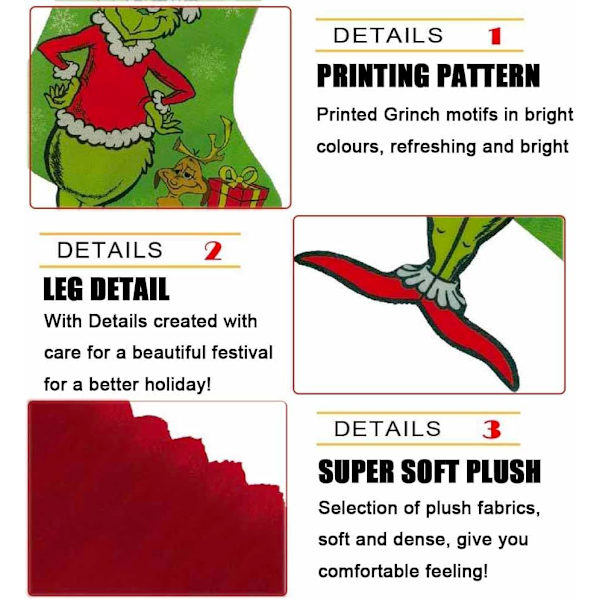 Grinch Jule Strømper Sett med 4 Grinch Monster Julegavepose Morsom Julepeis Henger