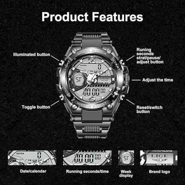 Miesten digitaalinen watch , suuri kellotaulu sotilaallinen monitoiminen vedenpitävä watch LED-valohälytys