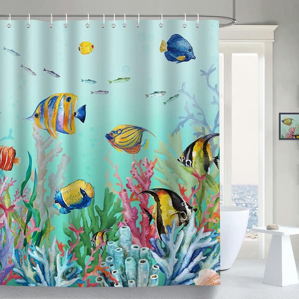 Sininen valtameri korallikala suihkuverho 180 x 180 cm lapsille - Vedenpitävä homeenesto polyesterikangas - Kylpyhuone 12 kylpyamme koukulla