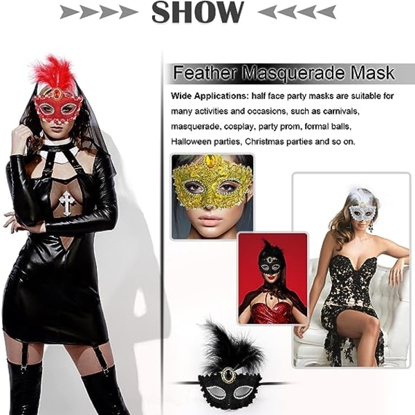 4 stk. Kvinder Maske Masquerade, Mardi Gras Halv Ansigtsmasker, Fjer Maske Masquerade til Nytår F