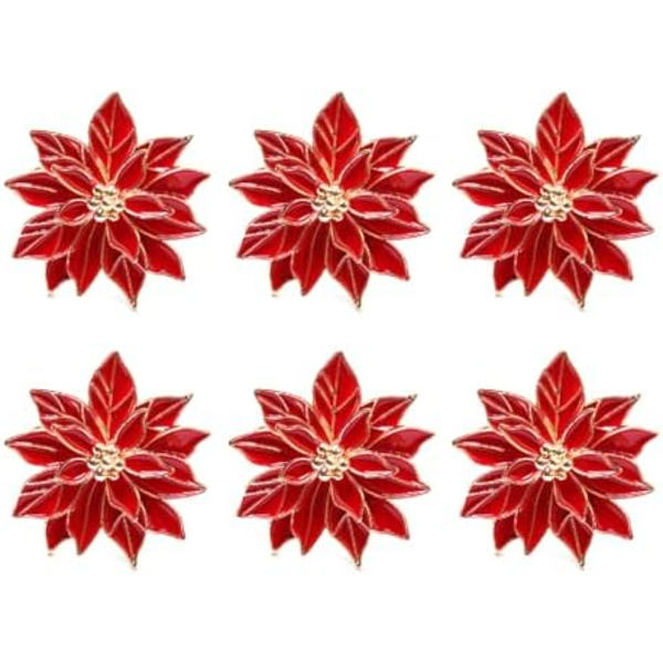 5x4cm Julstjärna Servettringar Set om 6 Servettringshållare med Röda Julstjärneblommor, Servettringar Matbordssats