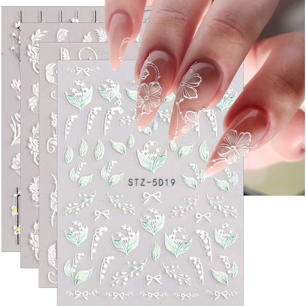 4 ark 3D präglade fjäderblommiga nagelkonstdekaler självhäftande 5D färgglada sommarblommor