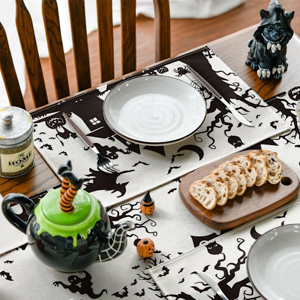 Sett med 4 svarte og hvite spøkelsesaktige hjemsøkte hus, tre, spøkelse, heks Halloween-underlag, 12x18 tommer sesongmessig høstferiebord M