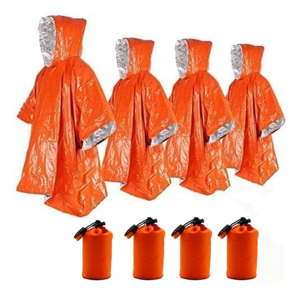 (orange) 4-pack termiska Mylar överlevnadsponchos för utomhusaktiviteter