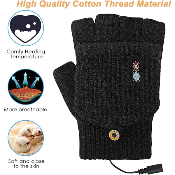 Unisex USB-oppvarmede hansker for menn og kvinner - Vintervarme laptop-hansker - Full og halv oppvarmede hansker - Strikkede oppvarmede hansker