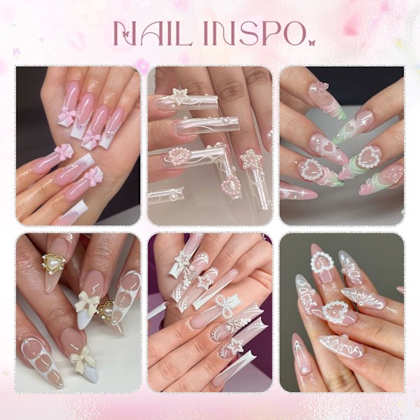 3D Nagelberlocker och Ädelstenar Set 7, 20ST Klumpiga Fjärilsberlocker + 75ST Coquette Nagelrosetter och Hjärtan + 3D Blommor för Naglar