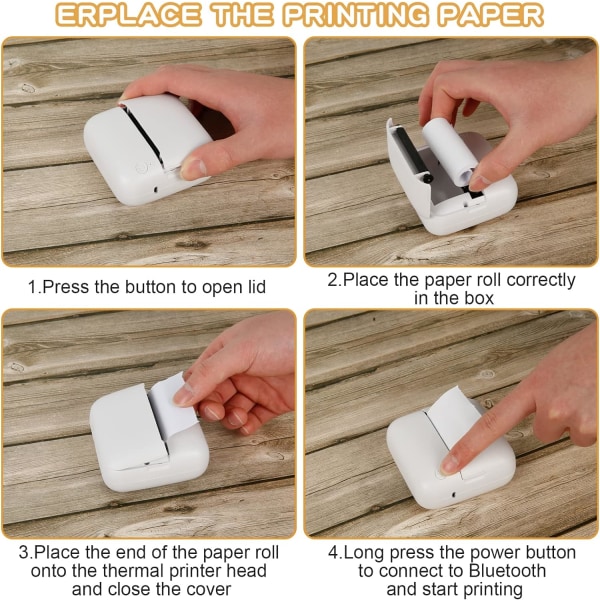 Mini portabel fotoskrivare, trådlös Bluetooth instant thermal skrivare med 5 thermal pappersrullar,