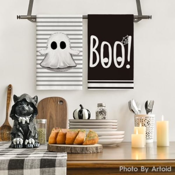 Sorte Stribede Spøgelses Boo Spooky Halloween Køkkenhåndklæder Opvaskehåndklæder, 18x26 Tommer Buesløjfe Dekoration Håndklæder Sæt af 4