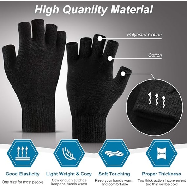 (2 par) Sorte One Size fingerløse strikkede handsker Varme halvfingerhandsker Vinterstrik-kørehandske
