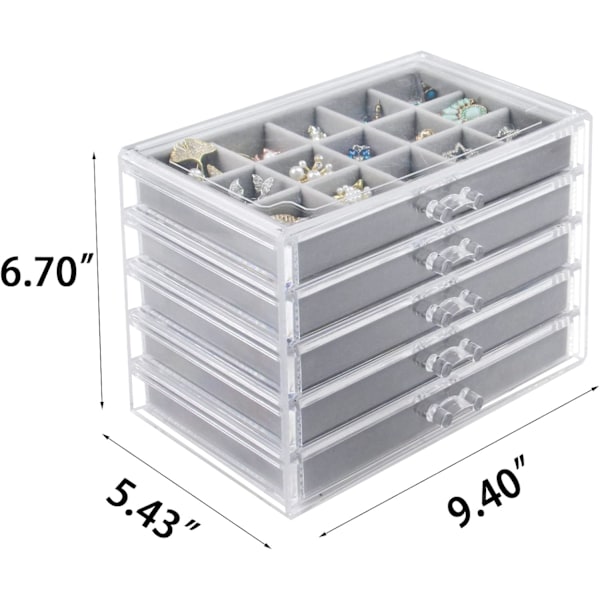 Akryl Smykkeæske med 5 Skuffer, Klar Ørestik Opbevaringsorganisator Display Case til Kvinder Piger, Grå