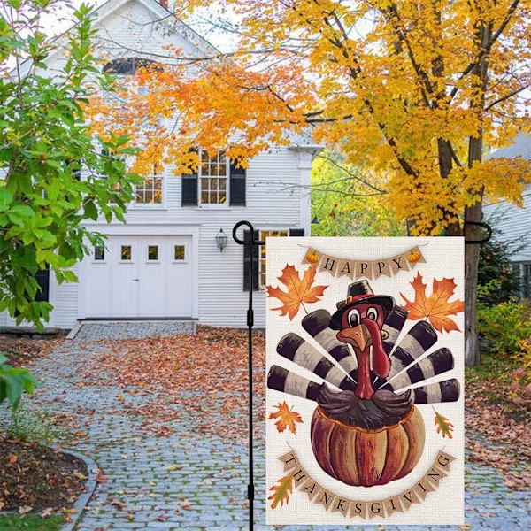Glad Thanksgiving Tyrkiet Efterårs Haveflag 12 x 18 Tommer Burlap Vertikal Dobbeltsidet, Maple Leaf Efterår Græskar Have Ud