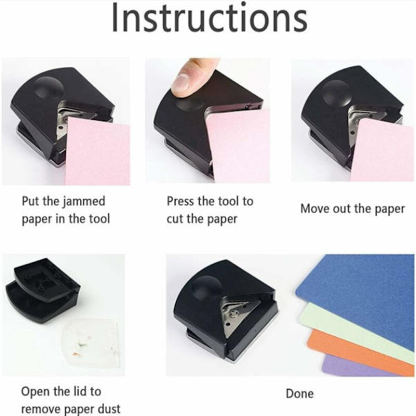 2 stansar för hål i svart papper, stans för rundade hörn, rund