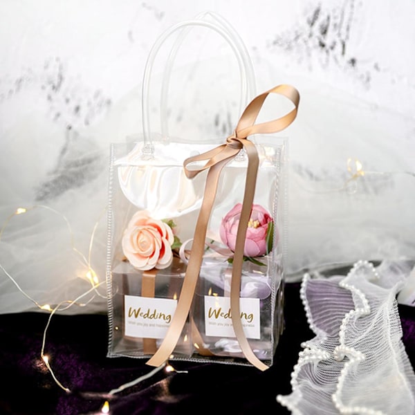 10 stk. gennemsigtige gaveposer med håndtag, 15（L） x 7(B) x 20(H) cm genanvendelige PVC tote tasker, gennemsigtig pakke