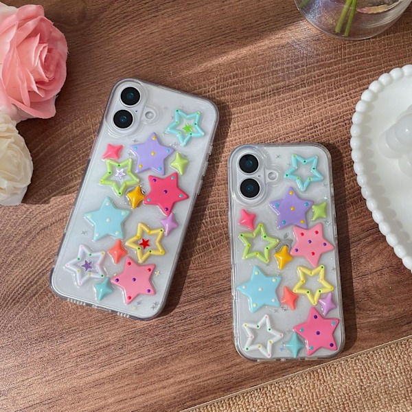 Designet til iPhone Case, Tegneserie 3D Farverige Stjerner Klar Blød Telefon Case (Klar, til iPhone 16 Pro Max)