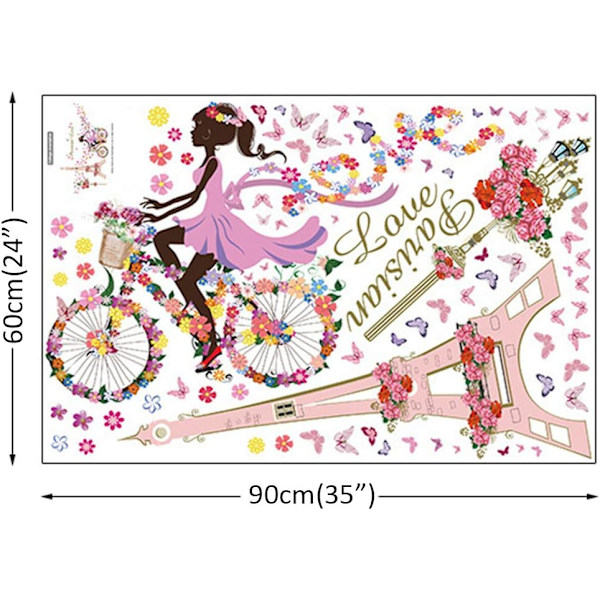 Veggdekor Stickers Jente Sykkel, Veggoppkleber med Blomster, Eiffeltårnet