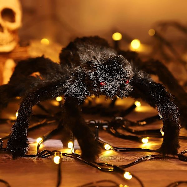 Edderkoppnett 60 LED 3,25 fot diameter lys opp edderkoppnett Halloween dekorasjon svart utstoppet edderkopp T