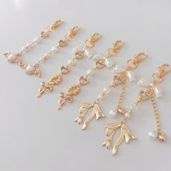 5-pack 14 cm Gyllene Rosett Nyckelring Väska Charm för Kvinnor Hjärta Pärla Pärlor Coquette Estetisk Handväska Charm