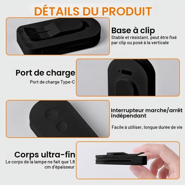 Oppladbar leselampe, bærbar, langvarig mini LED-leselys med klips, 3 moduser for øyebeskyttelse, svart