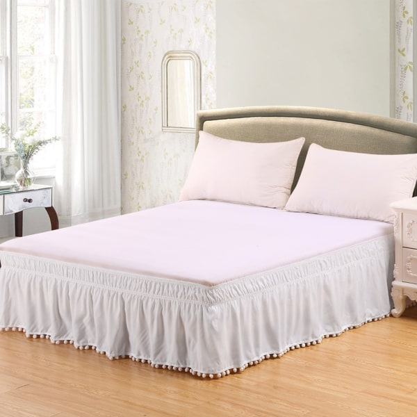 （Hvid，153x203cm+40cm）Elegant komfortelastisk sengenederdel med frynser og kvaster på toppen - Wrinkle Re