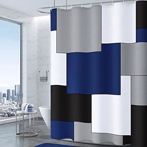 Modern Dusblå Duschdraperi, Blå och Vit Duschdraperi för Badrum, Grå Badrumsdraperi Modern Geometrisk Tema
